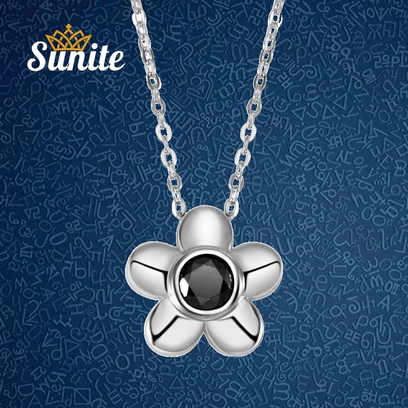 

Sunite Real Black Moissanite Diamond Blooming Flower Necklace Pendant For Women 925 Sterling Silver Lover's Gift Fine Jewelry