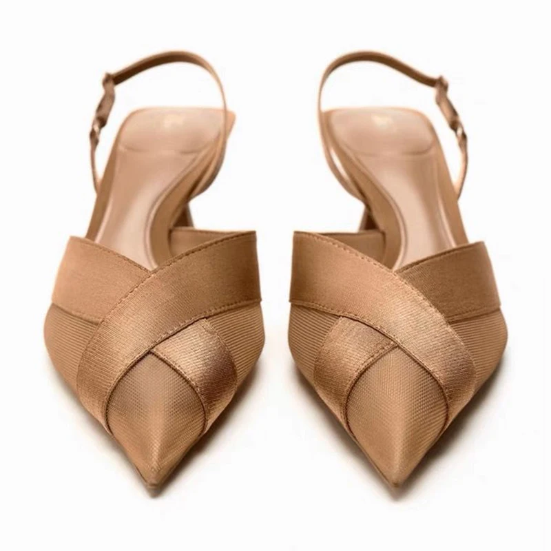 2023 High-Heel Pointed Toe Sexy Sandals Women Satin Shallow Mouth Slingback Buckle Slip-On Fashion Sandals Business Office Shoes