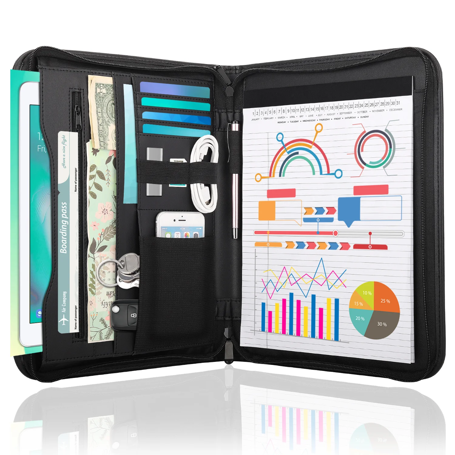 

Zippered Leather Padfolio Portfolio Folder,Professional Interview Resume Document Organizer with 11 Inch Tablet Sleeve for ipad