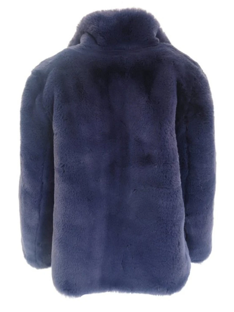 Fashion Lapel Blue Faux Rabbit Fur Jacket Women 2022 New Elegant Ladies High Street Outwear Casual Warm Faux Fur Coats