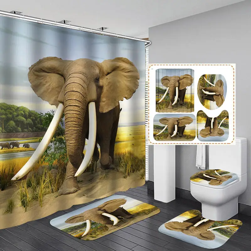

Занавеска для душа из полиэстера с изображением слона животных, нескользящий коврик для ванной, крышка для унитаза, декоративные коврики дл...