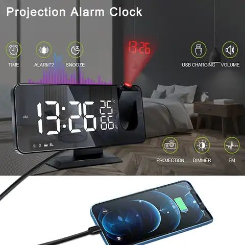 Проекционный будильник для спальни, светодиодный цифровой проектор на потолок, FM-радио, USB-устройство для зарядки телефона, проектор времен...