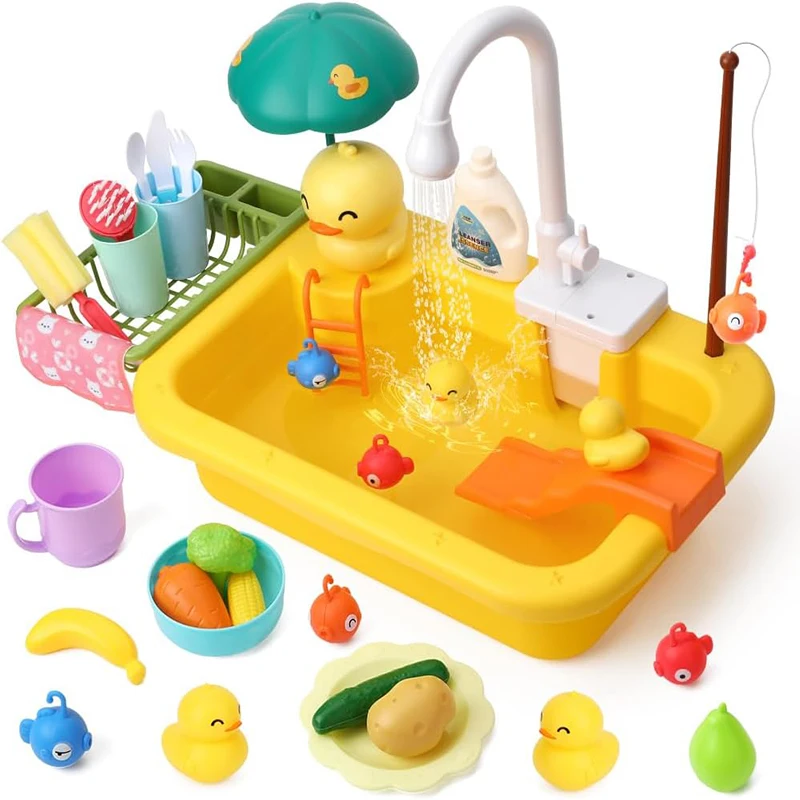 

Toddler Sink Toy with Automatic Water Cycle System Fishing Game Dish Rack and Play Food Play Kitchen Sink Toy Dishwasher Gift