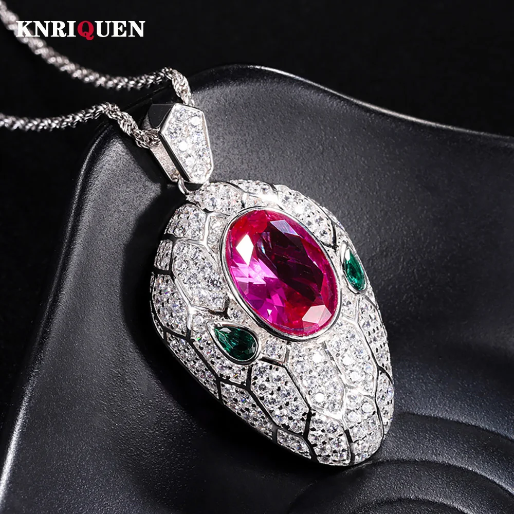 

Vintage 100% 925 Solid Silver 10*14mm Ruby Snake's Head Pendant Necklace for Women Gemstone Wedding Party Fine Jewelry Lady Gift