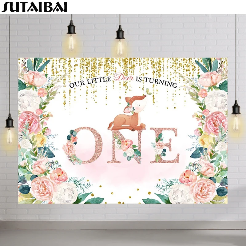 Our Little Deer Is Turning One Girls 1st Birthday Party Backdrop Pink Flowers Photography Background Jungle Safari Backdrops