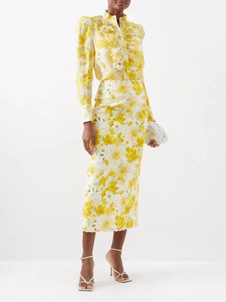 

2023 Spring Summer Top Quality Linen Silk Yellow Floral Frill Ruffle Natural Shell Beading Midi Skirt Matching Set Women