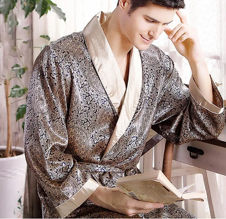 IOOTIANY Men's Robe Nightgown Satin Kimono Bathrobe Gown Casual Sleepwear Plus Size Print Gold Home Dressing Gown 3XL 4XL 5XL