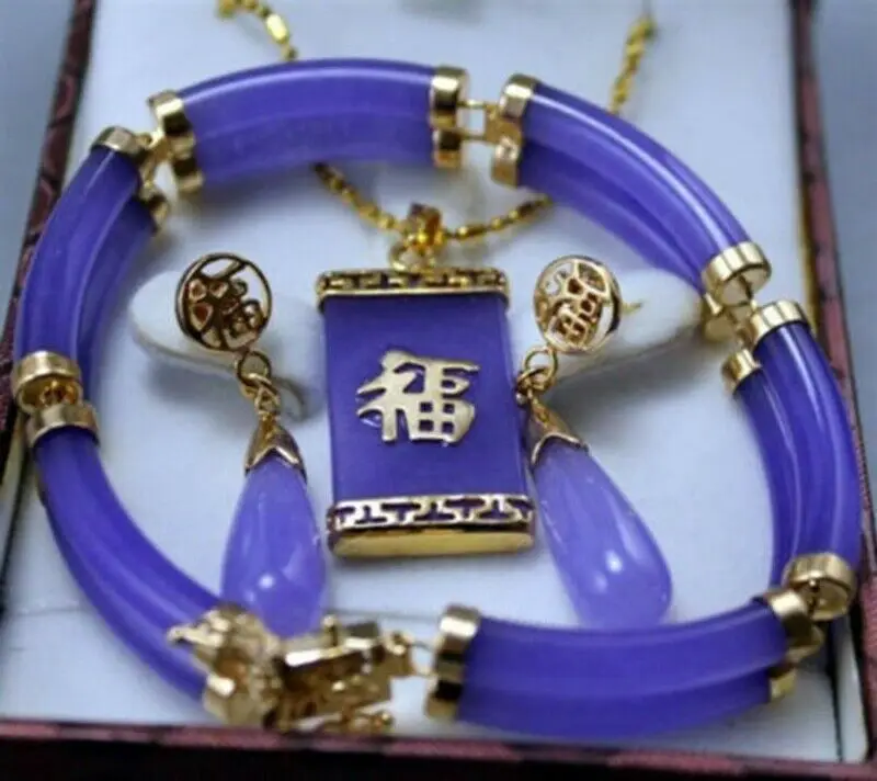 

AAA NEW Noblest Genuine Purple Jade Pendant Nelace Earring Bracelet Set