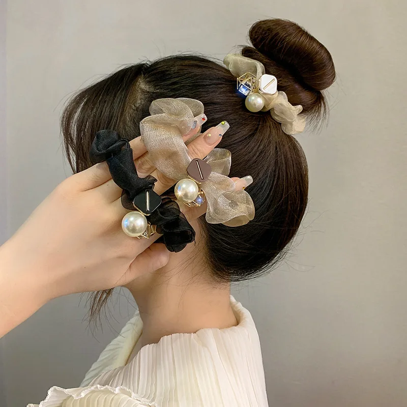 

Mesh Large Loop Pearl Pendant Scrunchie Everything Simple Leather Band Head Rope High Appearance Level Tie Hair Headwear Female