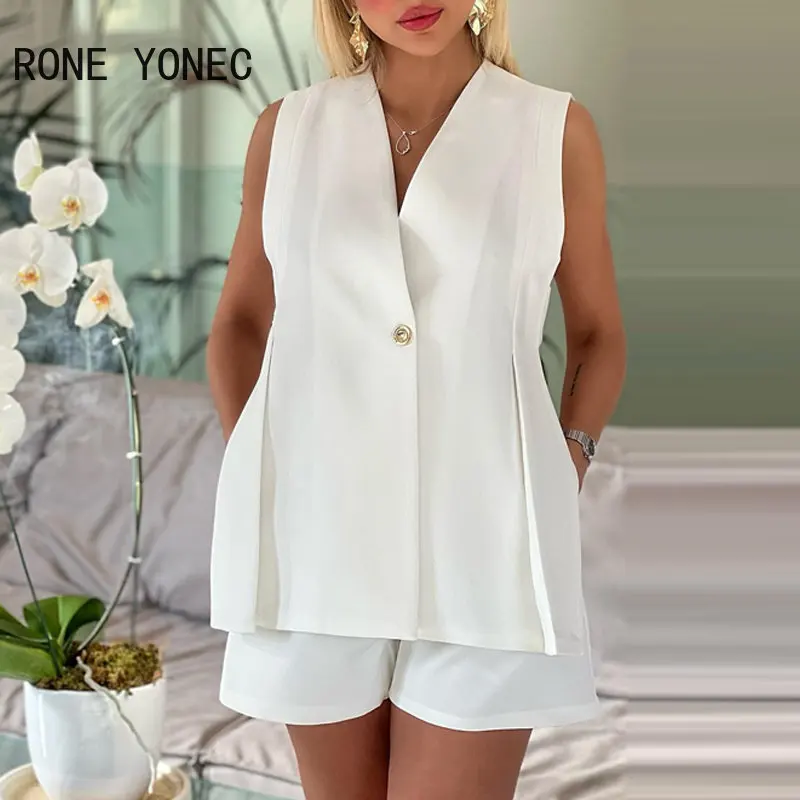 

2023 Women Casual Button Hollow Out V Neck Solid Sleeveless Summer Blazer Short Sets