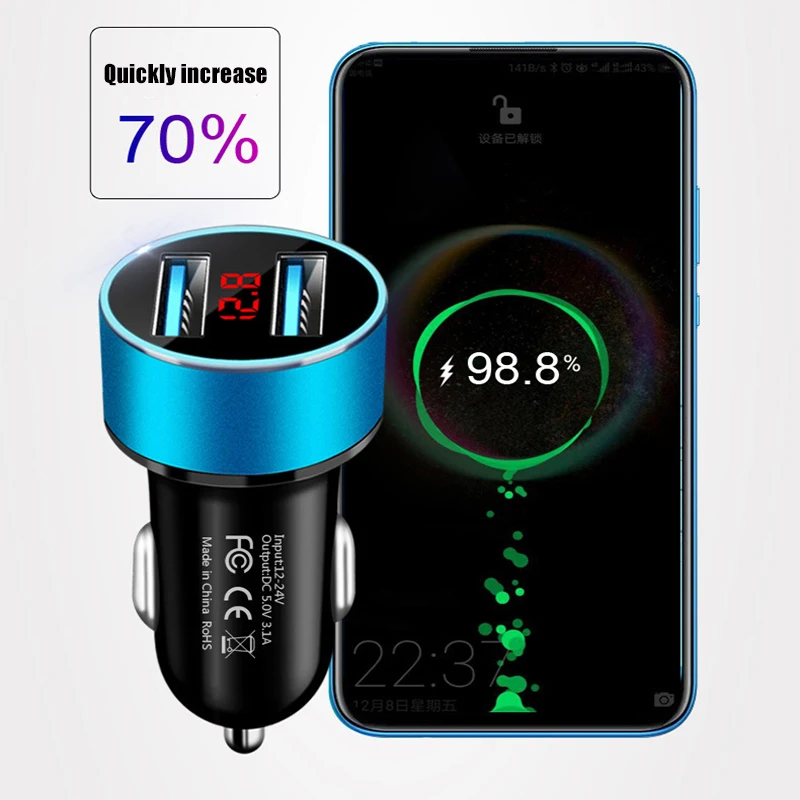 3.1A 5V Car Charger 2 Ports USB Fast Charging QC Adapter LED Digital Display Voltmeter Car Quick Charge For Samsung Smart Phone