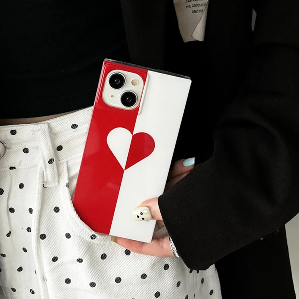 Простой глянцевый красный белый цвет угловой чехол Love Rectang для iPhone 16 15 14 13 12 Pro Max