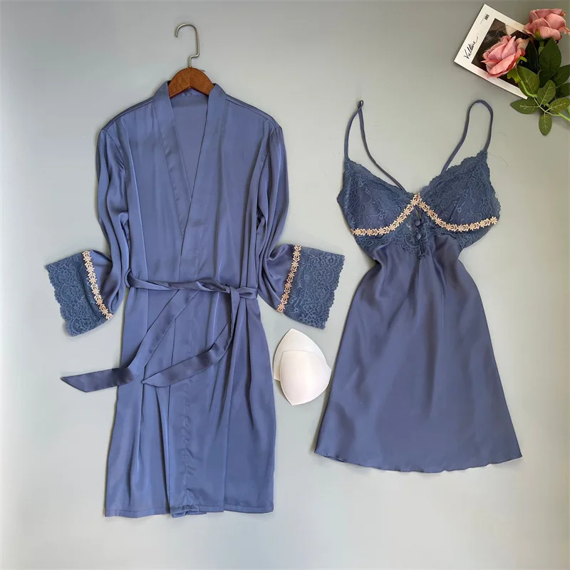 

Robe Suit Lady Kimono Gown Sleepwear Satin Nighty&Bathrobe Sexy Intimate Lingerie Perspective Nightwear Lace Patchwork Home Wear