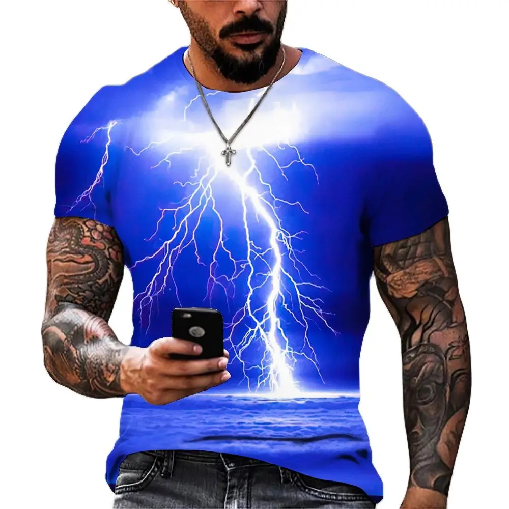 

Men's 3D Lightning Printed T-shirt, Casual Street Clothing, Fashionable Quick Drying Round Neck Short Sleeves, Summer, 2023.