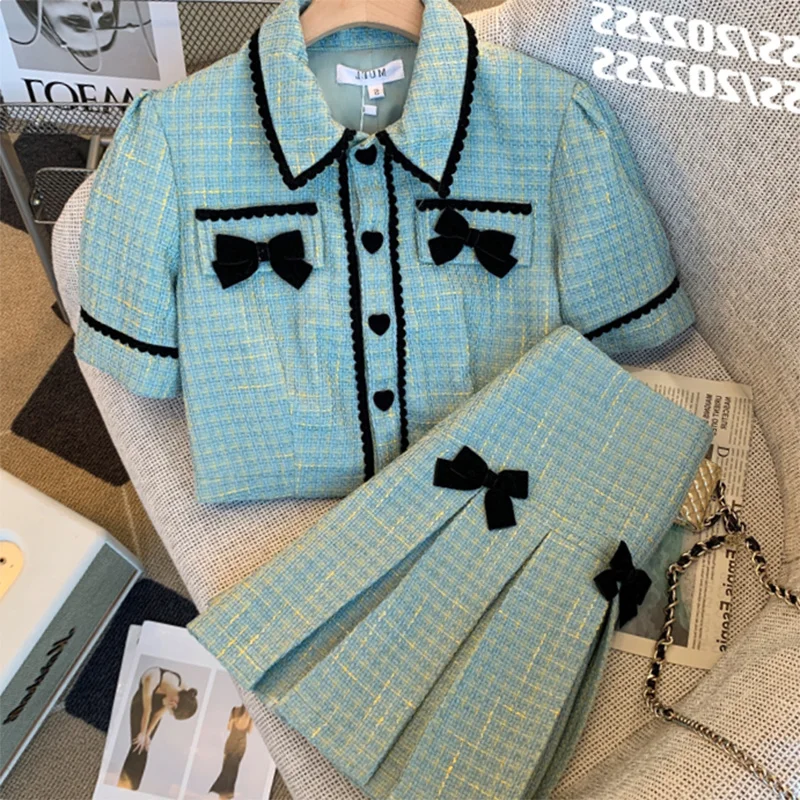 

Blue Lake Bow Sets For Women Short Sleeve Heart Button Tops Hight Waist Skirts High Street Girl Crush Dress Suits Outfits