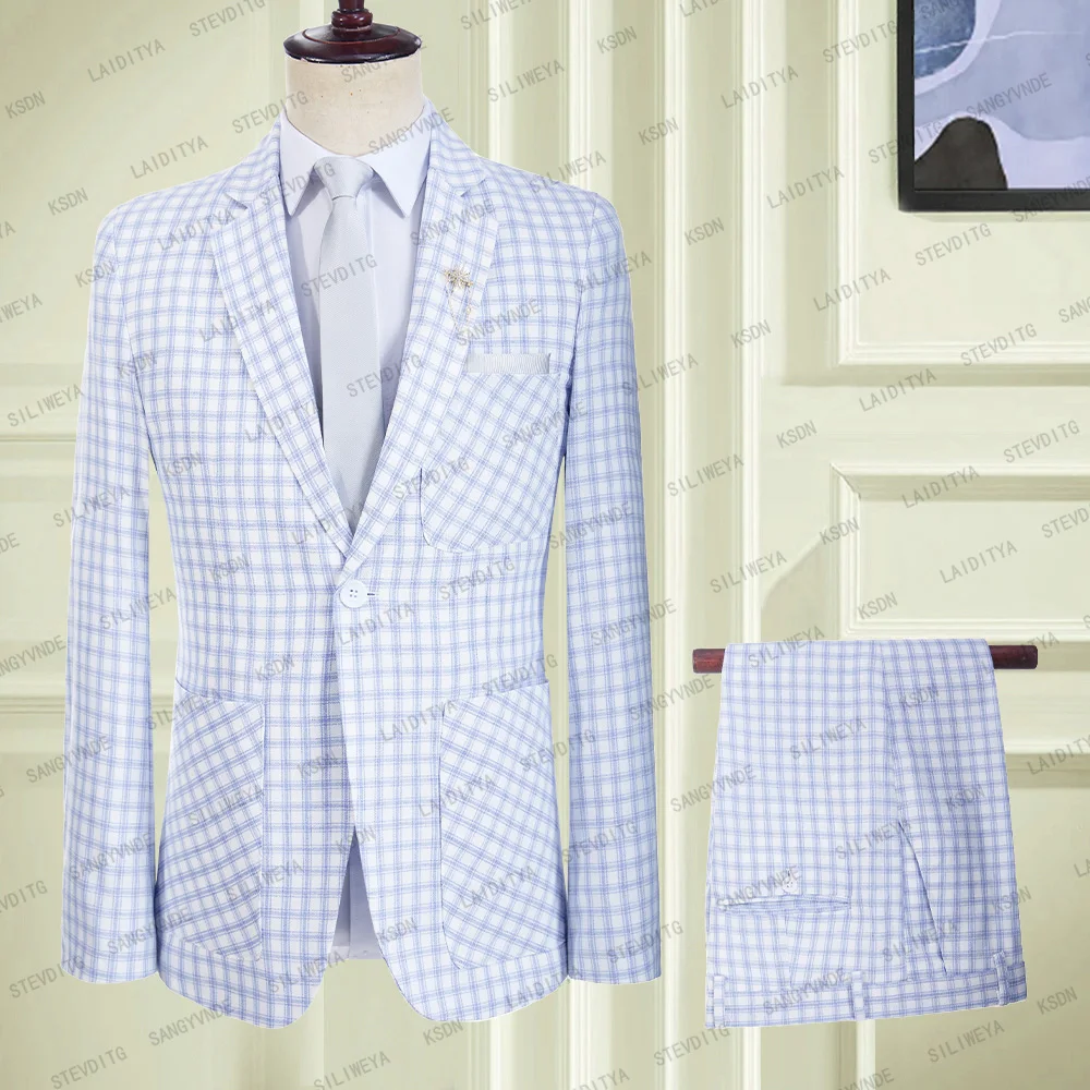 

2023 Men Suit Formal Business Wedding Blazers White Check Light Blue Strip Pattern Slim Fit Notched Lapel 2 Pieces Coat Pants