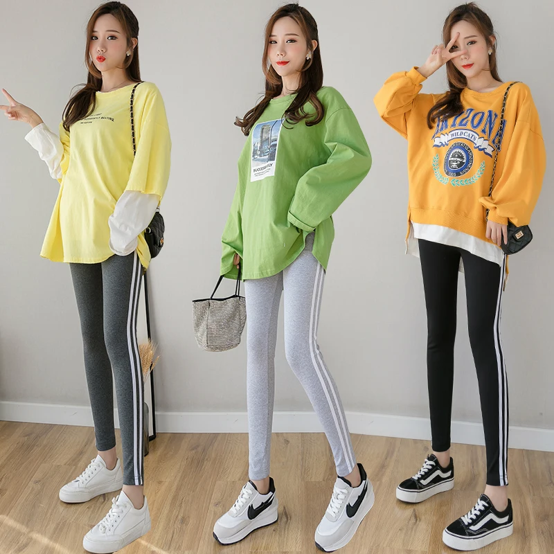 

Korean Style Autumn Pregnant Women Cotton Pants Mother Fashion Abdomen Leggings Stretched Skinny Sweatpants Side Stripes Pants