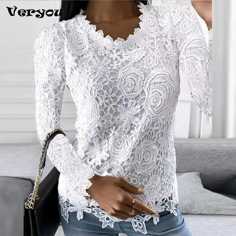 2022 Women's Elegant Shirt Autumn Fashion Lady's Lace Jacquard Long Sleeves Casual Women Vintage Loose O-Neck Blouses |