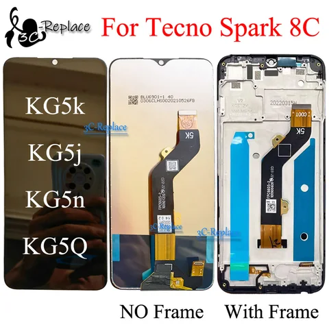 Черный ЖК-дисплей 6,6 дюйма для Tecno Spark 8C KG5k KG5j KG5n KG5Q, сенсорный экран, дигитайзер, панель в сборе, замена/с рамкой