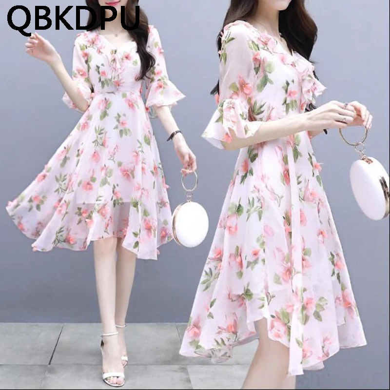 

Sweet Slim Waist Chiffon Floral Dress Women Fashion 3D Printing Irregular Mid Dresses Ladies Summer Boho Vacation Beach Dress