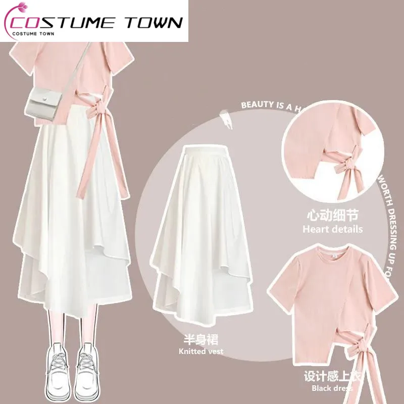Fashion Set Skirt Female Student 2023 Summer New Short Sleeve T-shirt+White Half Skirt Super Fairy Two Piece Set Fashion