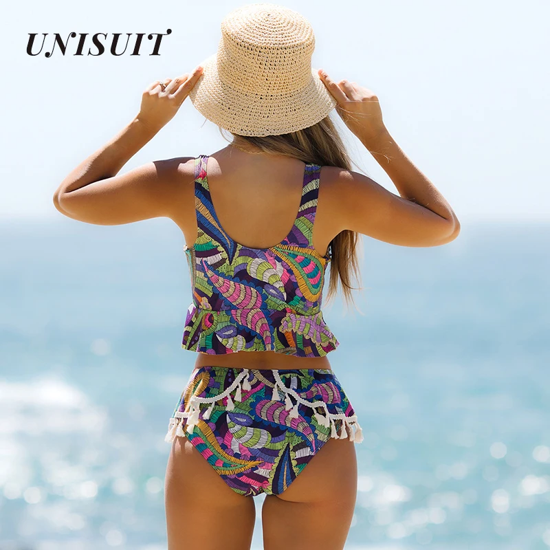 UNISUIT Graphic Print Tassel Ruffle Bikini Swimsuit Polyester High Waist Skinny Push-Up Cup Split Suit Summer Women |
