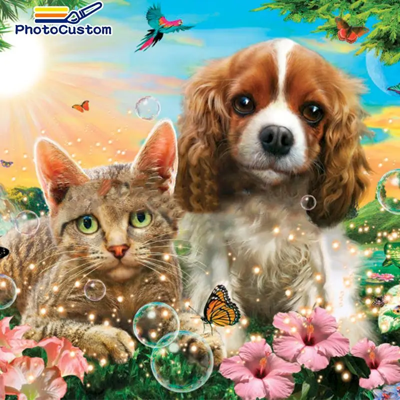 

PhotoCustom Coloring By Number Cat and dog Animal Kits For Adults Handpainted DIY Frame Oil Painting By Numbers Home Decoration