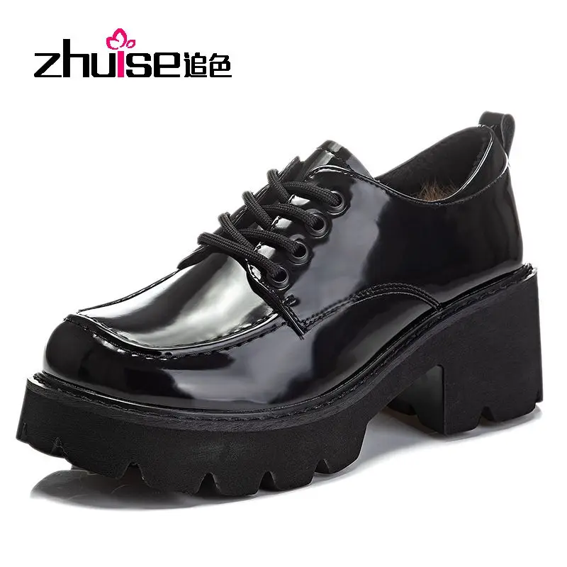 

Thick-Soled Small Leather Shoes British Style Autumn And Winter Plus Velvet Jk Shoes Thick Heel Rabbit Fur Loafer Women's Shoes