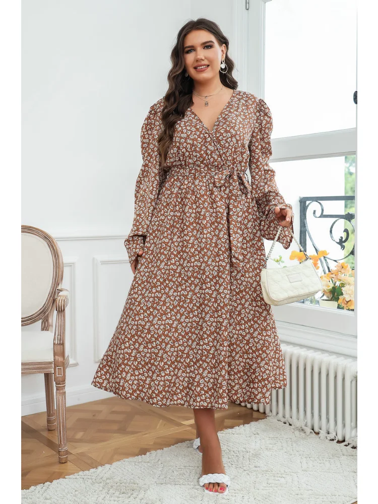 Summer New Large Fashion Foreigner Long Sleeve Skirt Slim Fragmented Flower Dress plus size dresses party dresses