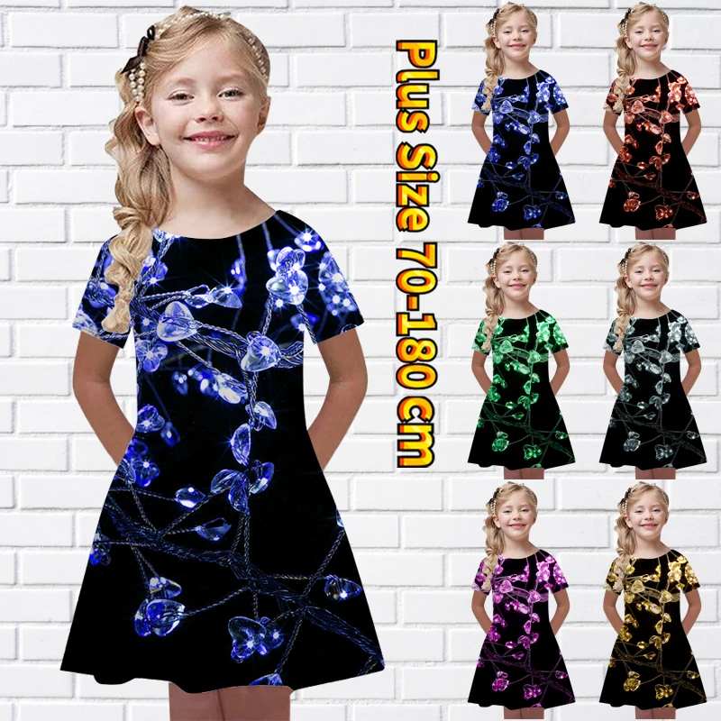 

Платье для маленьких девочек, летняя свободная юбка миди с круглым вырезом, Юбка До Колена с принтом сердечек, модная повседневная юбка с коротким рукавом