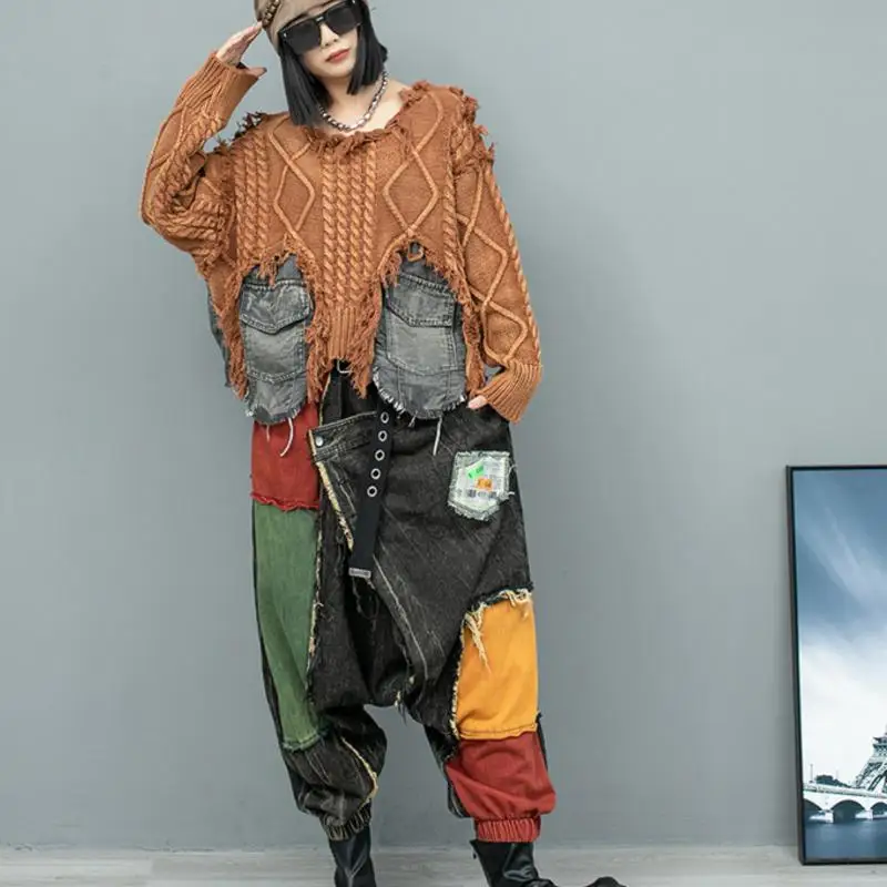 Женский модный костюм индивидуальный Состаренный шерстяной джинсовый свитер с
