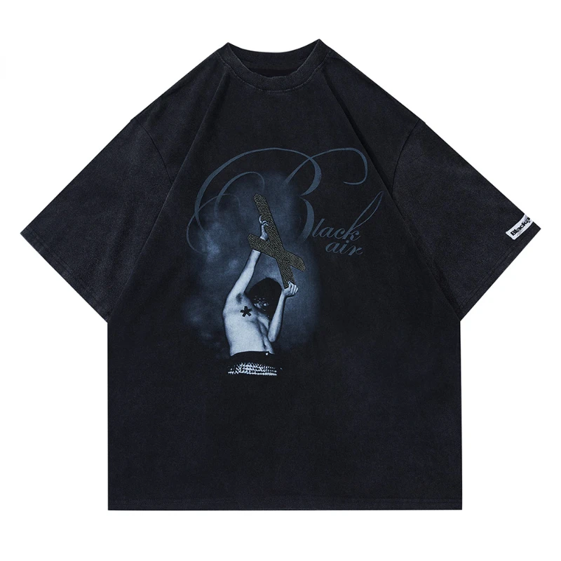 

Vintage Men Oversized T-shirts People Shadow Cross Graphic T-shirt Harajuku High Street Loose Tees Couples Clothing Streetwear
