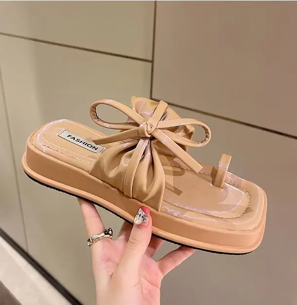 

Брендовые женские тапочки с бантом, верхняя одежда, тапочки, женские летние новые удобные нишевые дизайнерские туфли в римском стиле, 2022