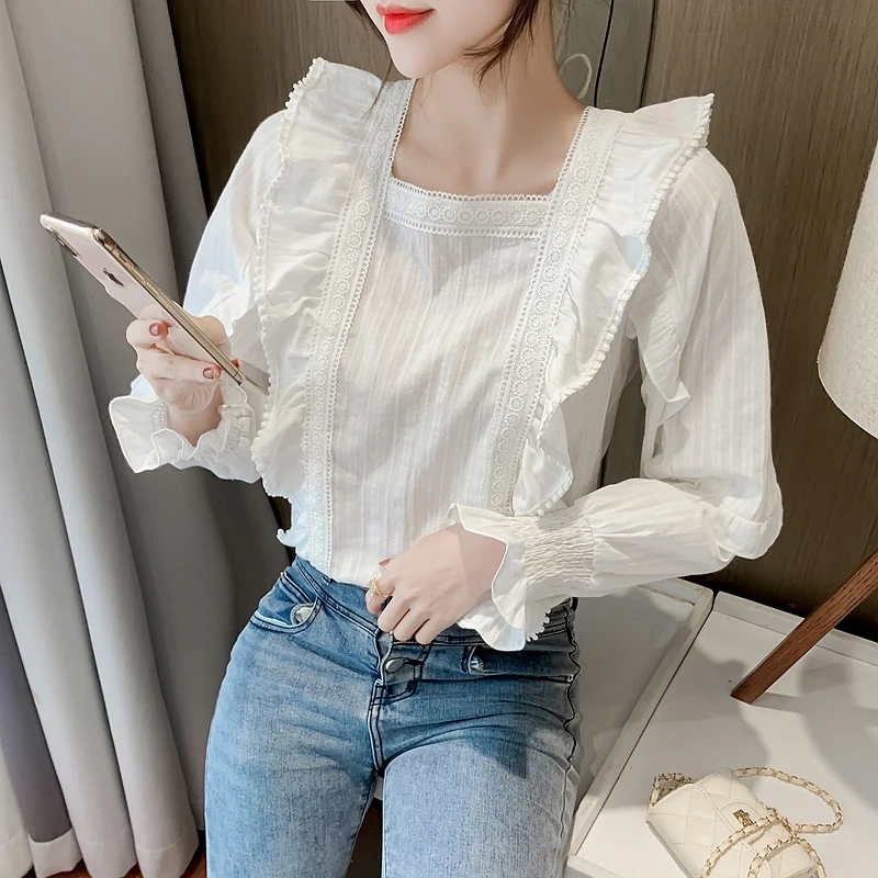 

Autumn Women's Long Sleeved Square Neck French Flare Sleeves Solid Ruffle Lace Chiffon Shirt Blouse Women Tops Camisas A259