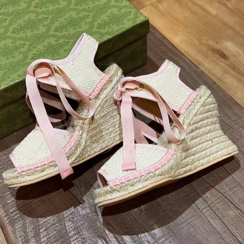 Blue Strappy Espadarille Wedge Sandals Women's Pink Embroidery Apricot Casual Heels Peep Toe Bow Hollow Winding Slingback Shoes