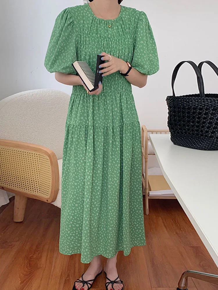 

Korean Chic Temperament Round Neck Wrinkle Close Waist Thin Bubble Sleeve Flower Print Green Dress 2022 Summer New B630