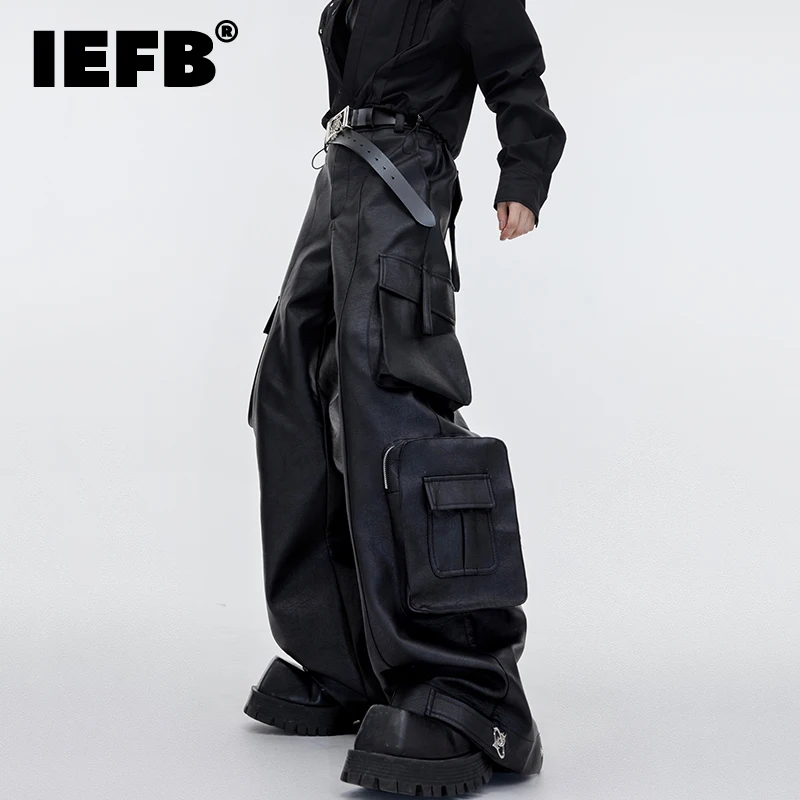 

IEFB Niche PU Leather Pants Wide Leg Streetwear Trend Men's Clothing Large Pockets Baggy Overalls Personality Trousers 9C1943