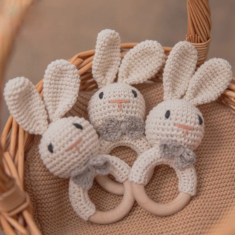 

1pc Baby Rattles Crochet Bunny Rattle Toy Wood Ring Baby Teether Rodent Baby Gym Mobile Rattles Newborn Educational Toys Gifts