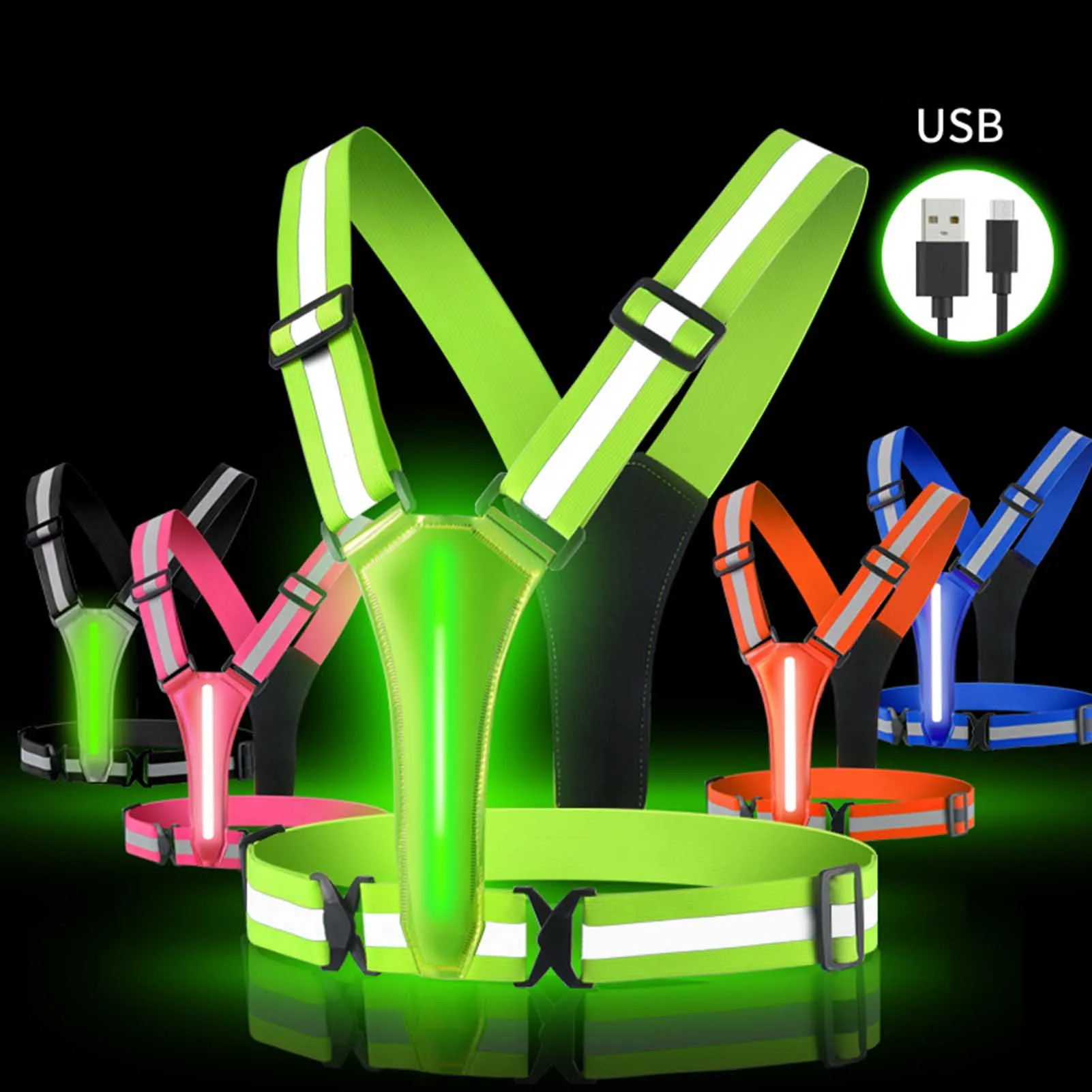 

LED Reflective Strap Cycling Vest Elastic Strap Adjustable Night Safety Running Vest Double-Side Motorcycle Safety Vest 3 Modes
