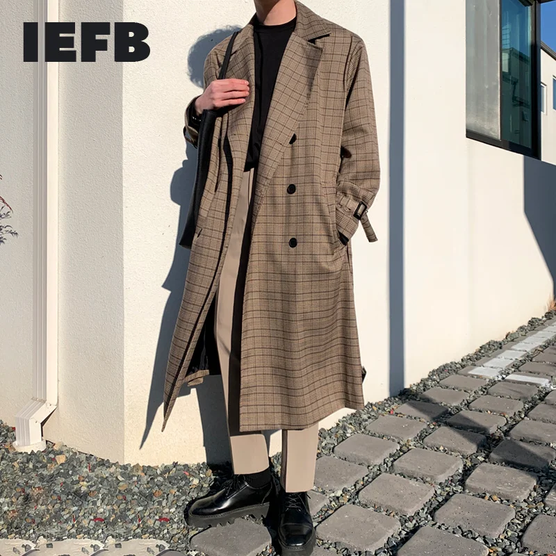 

IEFB /men's wear mid-length trench coat plaid print Korean handsome oversize Autumn knee-high Windbreaker double breasted 9Y3943