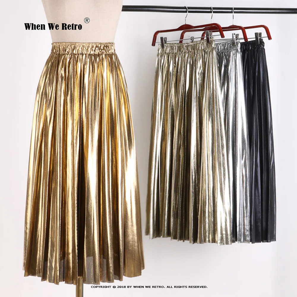 

Elegant Women Midi Skirt High Waist Black Silver Gold Solid Color Pleated Skirt