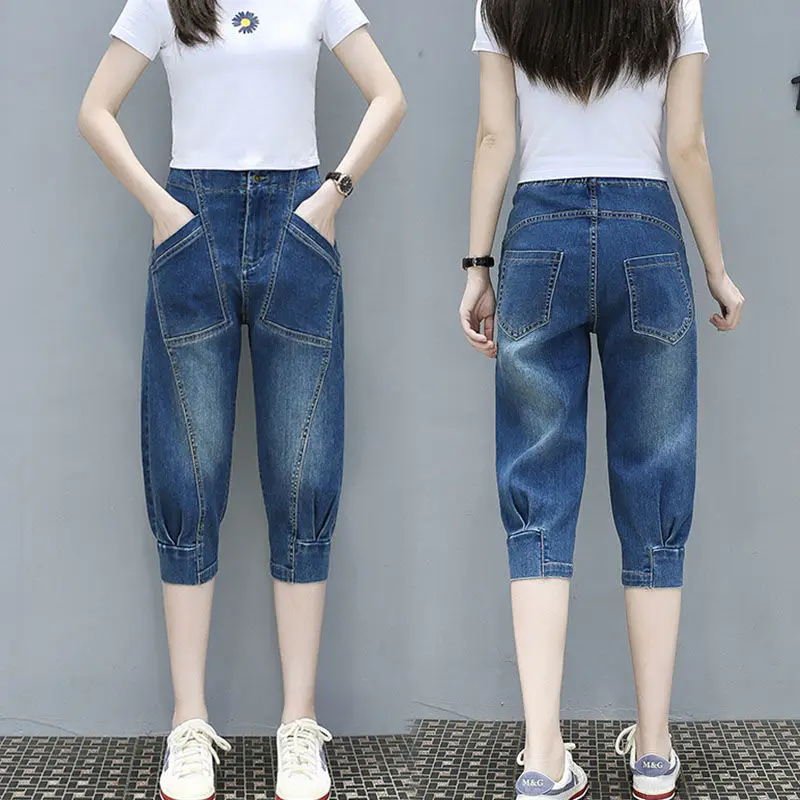 

Fashion High Waist Denim Capris Women's Casual Loose Cropped Pants Calf Length Baggy Jeans Pants Summer Breeches E52