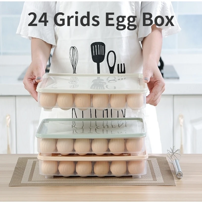 

24 Grids Fridge Storage Egg Box with Lid Plastic Dumpling Eggs Case Holder Fresh-keeping Kitchen Refrigerator Organizer