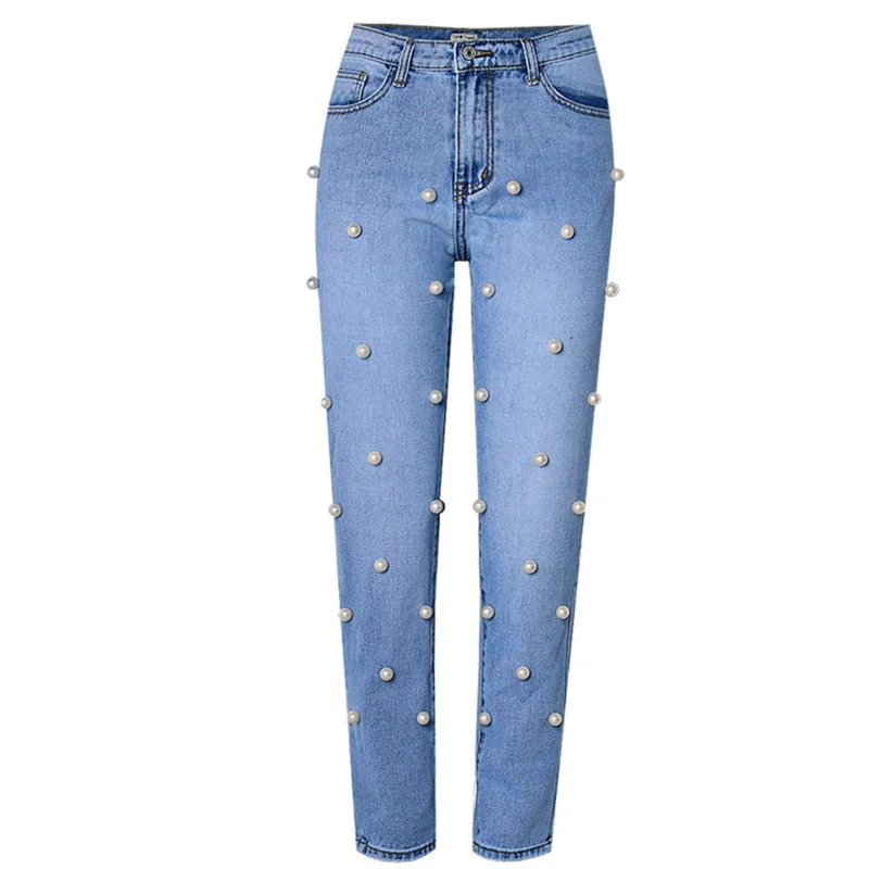 

High Waist Straight Loose Wide Leg Jeans For Women Baggage Studded Big Pearl Ladies Denim Blue nine-Pants Female 100%Cotton J166
