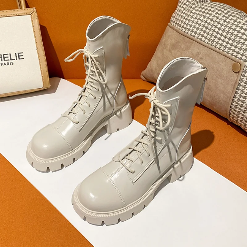 Leather Round Toe English Platform Ankle Boots Women's Padded Lining Boat Lace-Ups Back Zip Botas Mujer Shoes for Women 2023