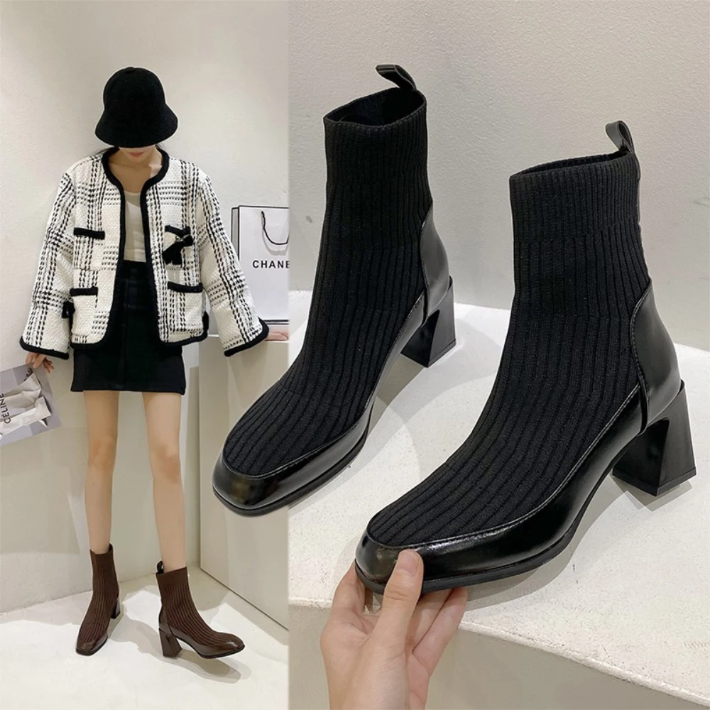 Martin boots women's British style thin socks boots high heel elastic boots women plus fleece ankle boots women's shoes