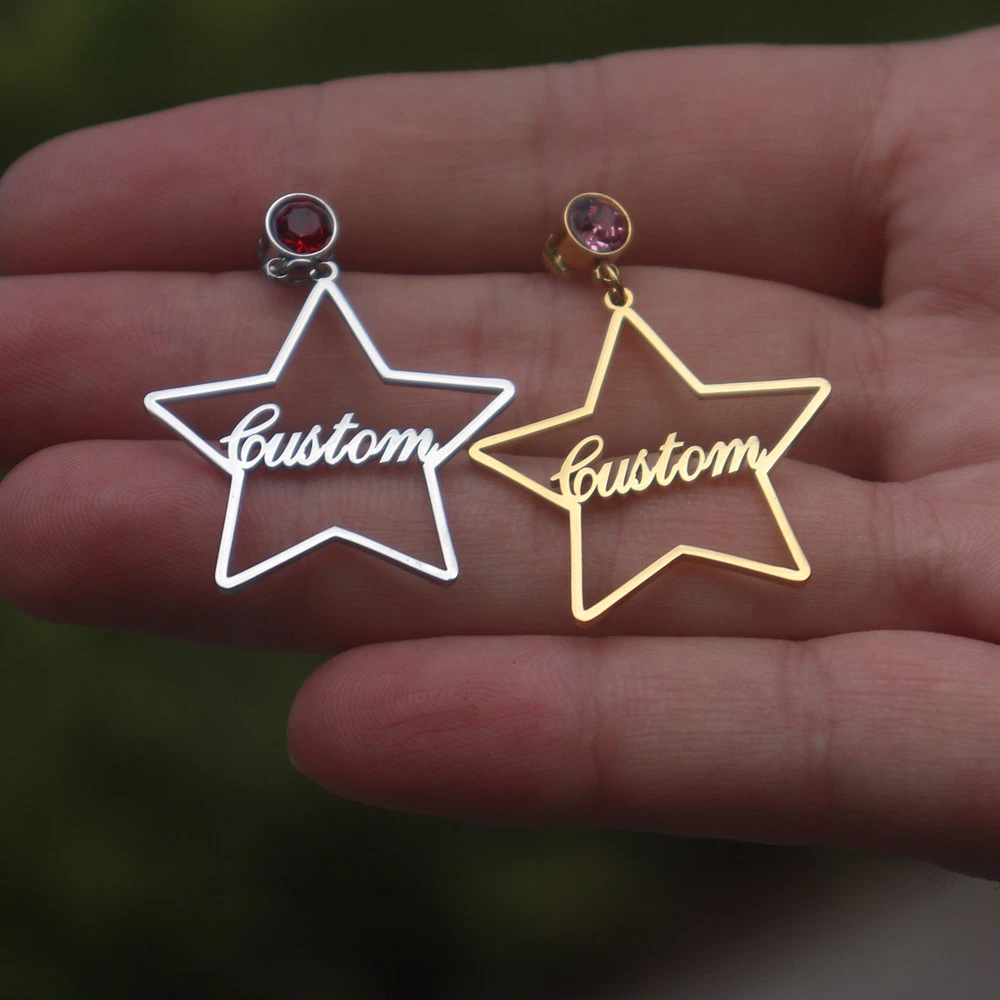 

Custom Name Earrings Personalized Birthday Stone Jewellery For Women Stainless Steel Customize Star Designer Hoop Ohrringe