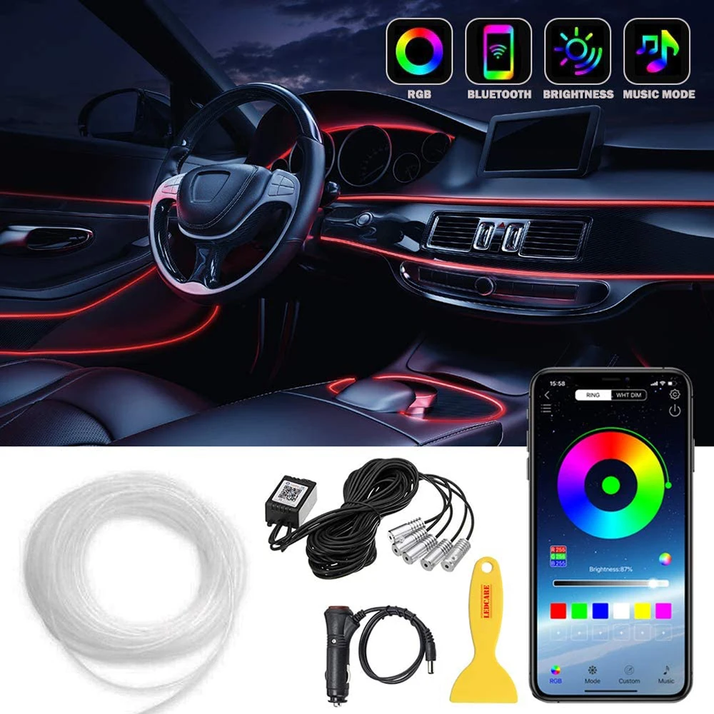 

12V Auto LED Atmosphere Car Interior Lighting LED Strip 6 Meters EL Neon Decoration Strip RGB Multiple Modes App Sound Control