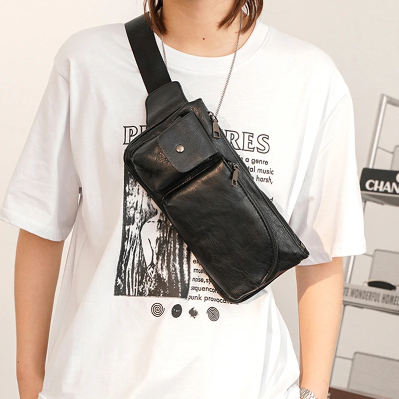 Men Mobile Phone Sling Bags Small Black Crossing Purses Vegan Leather Single Shoulder Chest Purse Man Bag Crossbody
