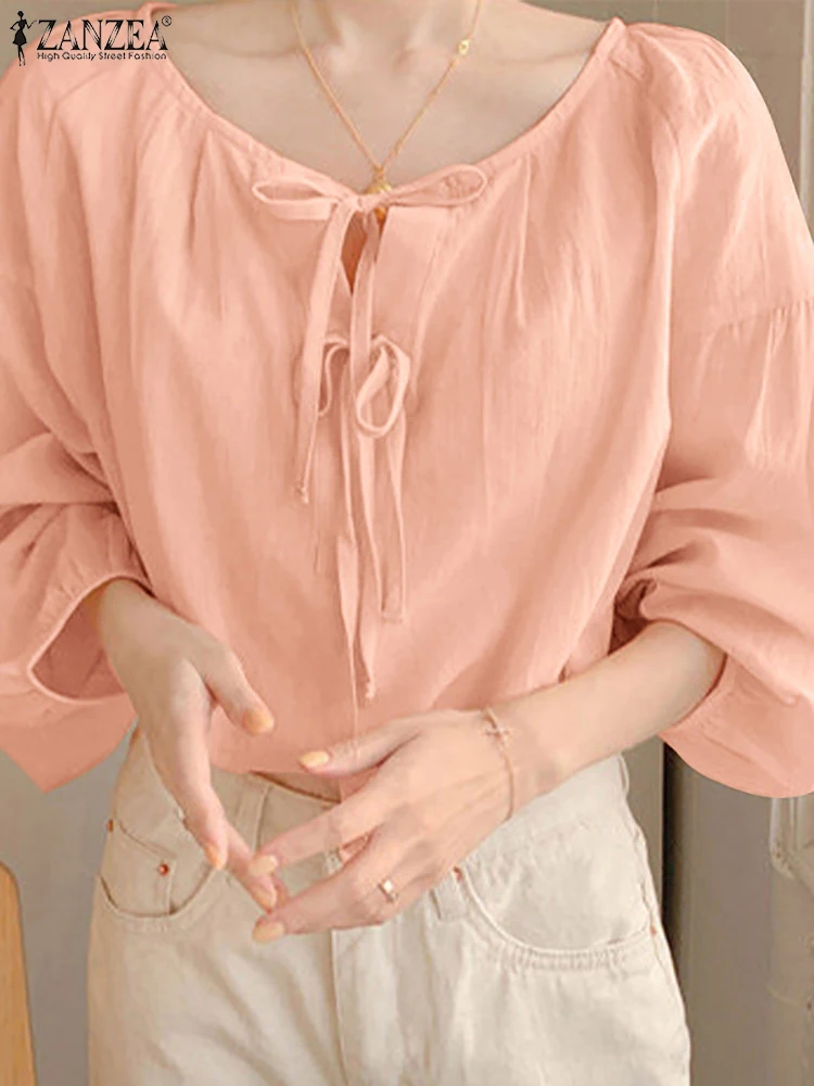 

Блузка ZANZEA женская с круглым вырезом, модная повседневная однотонная туника с длинными рукавами-фонариками, на завязках, Элегантная туника, весна-осень